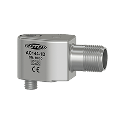 A render of a CTC AC144 stainless steel, miniature size, top exit industrial vibration sensor.